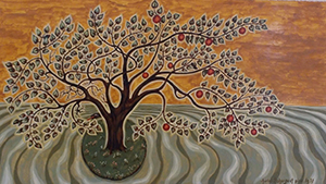 Tableau de Charles Sahuguet : Arbre de Vie aux 12 fruits (50 x 28) 1977.