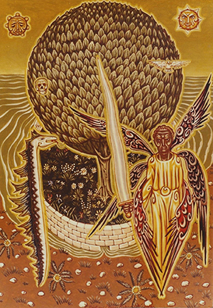 Tableau de Charles Sahuguet : La Garde de l’Arbre (45,5 x 32) 1980